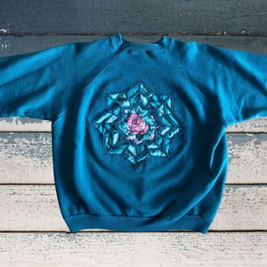 VTG 90s Floral Spider Web Crewneck Teal Sweater Size Large